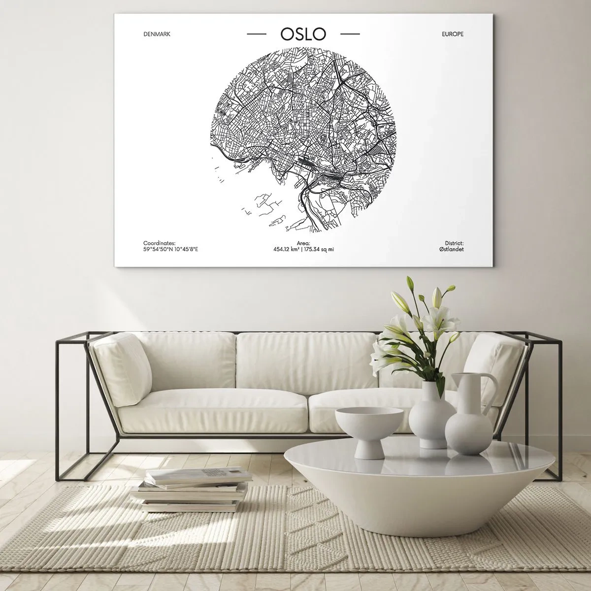 Impression sur verre - Image sur verre - Plan de la ville d'Oslo en style graphique noir et blanc - 70x50cm - Anatomie d’Oslo - Décoration murale moderne pour le salon et la chambre ARTTOR