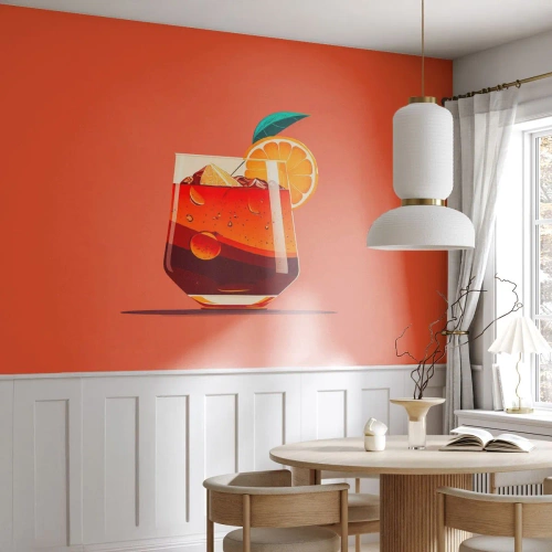 Papier Peint Photo Premium Sand - Un verre de boisson d'été avec une orange sur un fond couleur corail - 100x70cm - Rafraîchissement d'été - Décoration murale moderne pour le salon et la chambre ARTTOR
