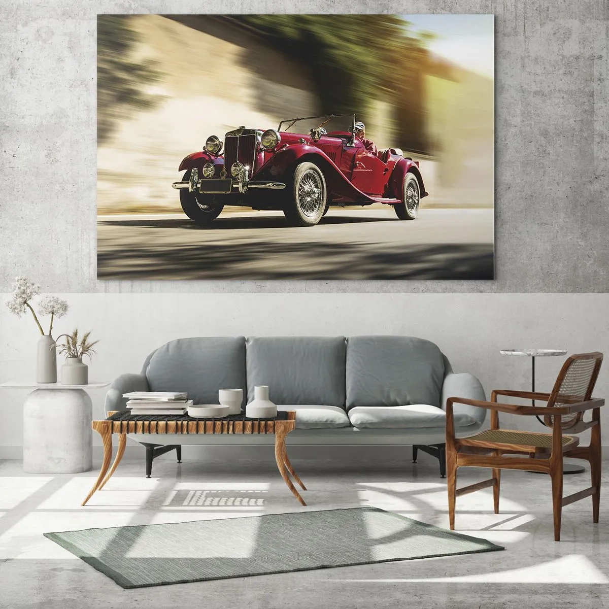 Impression sur verre - Image sur verre - Cabriolet rouge classique en mouvement sur fond de rue et de paysage flou - 120x80cm - Plus belle que Nike de Samothrace - Décoration murale moderne pour le salon et la chambre ARTTOR
