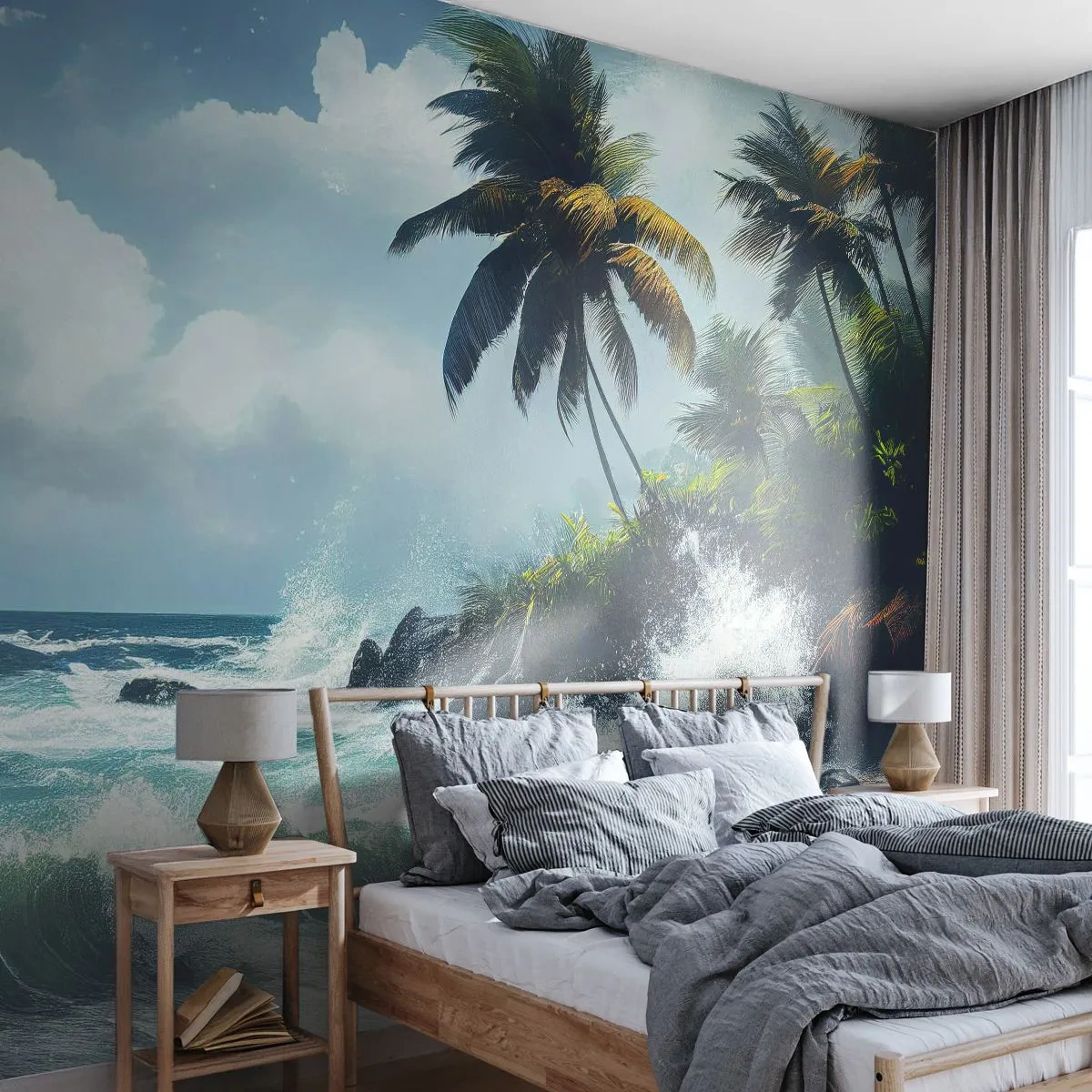 Papier Peint Photo Premium Sand - Vagues s'écrasant contre les rochers d'une plage tropicale avec des palmiers - 100x70cm - Sur une côte tropicale - Décoration murale moderne pour le salon et la chambre ARTTOR