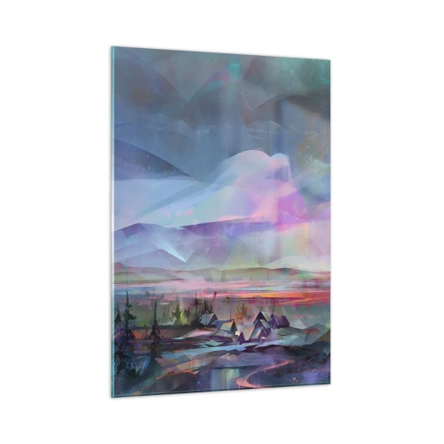 Impression sur verre - Image sur verre - Un paysage coloré avec des montagnes et des chalets dans un style surréaliste. - 50x70cm - Sous un ciel bienveillant - Décoration murale moderne pour le salon et la chambre ARTTOR
