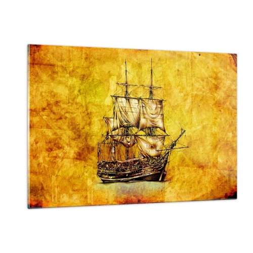 Impression sur verre - Image sur verre - Un voilier historique sur fond de parchemin stylisé - 120x80cm - En direction de l'ile de la tortue ! - Décoration murale moderne pour le salon et la chambre ARTTOR