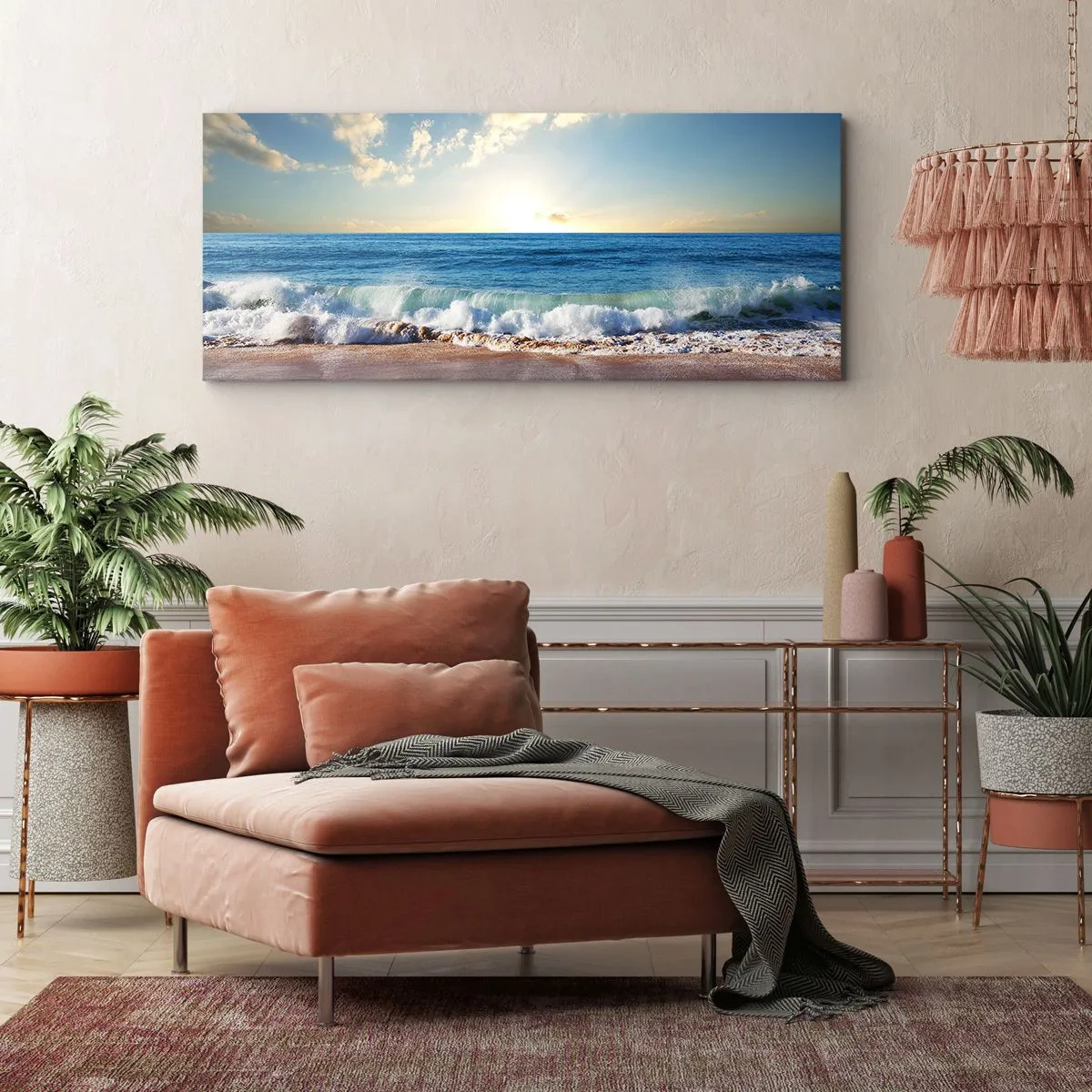Impression sur toile - Image sur toile - Une plage ensoleillée avec des vagues s'écrasant sur le rivage - 140x50cm - Mouvement et immobilité à la fois - Décoration murale moderne pour le salon et la chambre ARTTOR