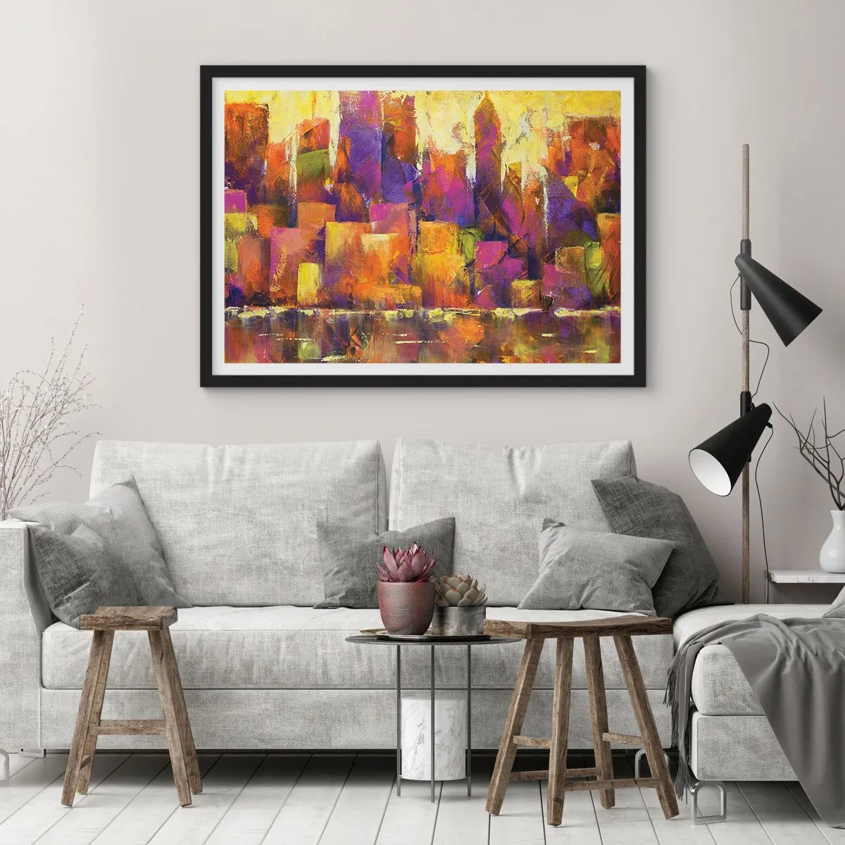 Affiche dans un cadre noir - Poster - Composition abstraite d'une métropole dans les tons jaune et violet - 70x50cm - Composition métropolitaine - Décoration murale moderne pour le salon et la chambre ARTTOR