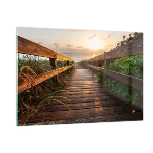 Impression sur verre - Image sur verre - Passerelle en bois menant à la plage au coucher du soleil - 120x80cm - Tout droit vers le rivage - Décoration murale moderne pour le salon et la chambre ARTTOR