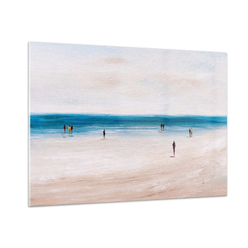 Impression sur verre - Image sur verre - Une plage tranquille avec des silhouettes de personnes marchant le long de la mer - 100x70cm - Un besoin naturel - Décoration murale moderne pour le salon et la chambre ARTTOR
