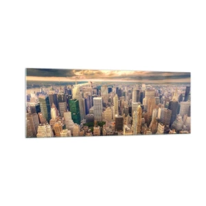 Impression sur verre - Image sur verre - Panorama de la ville avec vue sur les gratte-ciels au coucher du soleil - 140x50cm - Métropole dorée - Décoration murale moderne pour le salon et la chambre ARTTOR