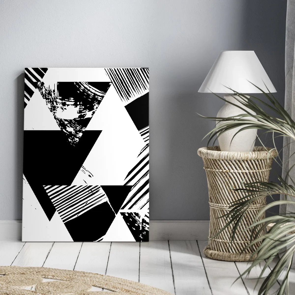 Impression sur toile - Image sur toile - Motifs géométriques de forme minimaliste en noir et blanc - 50x70cm - Pluie de triangles - Décoration murale moderne pour le salon et la chambre ARTTOR
