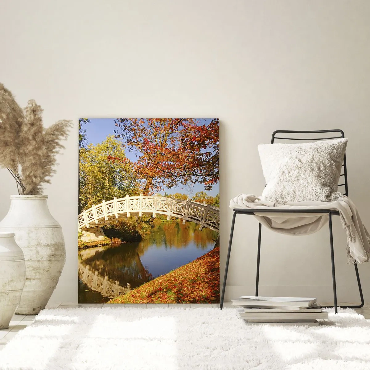 Impression sur verre - Image sur verre - Un pont dans un parc entouré de feuilles d'automne sur une eau calme - 80x120cm - Sur le pont blanc des soupirs - Décoration murale moderne pour le salon et la chambre ARTTOR