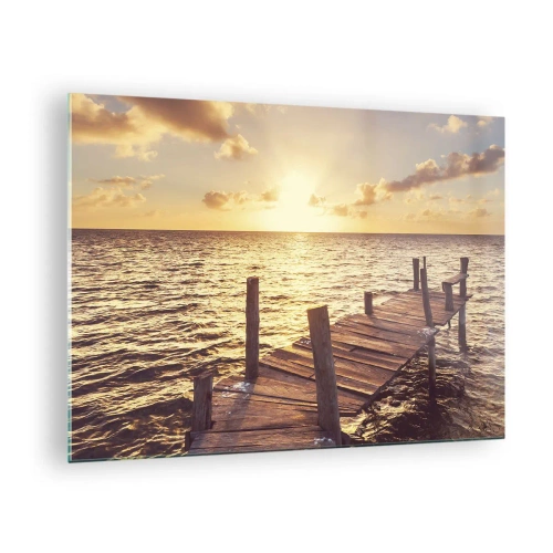 Impression sur verre - Image sur verre - Une jetée en bois sur fond de soleil couchant - 70x50cm - La terre d'or de la douceur - Décoration murale moderne pour le salon et la chambre ARTTOR