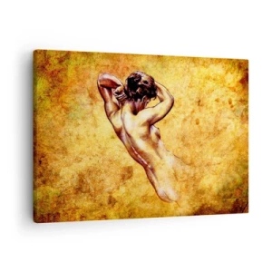 Impression sur toile - Image sur toile - Nu féminin artistique sur fond doré dans un style classique - 70x50cm - Découverte, mais toujours mystèrieuse - Décoration murale moderne pour le salon et la chambre ARTTOR