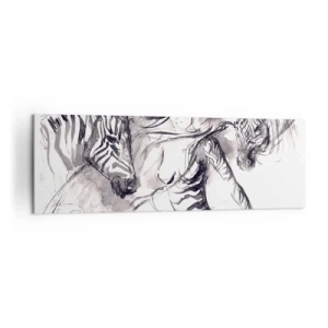 Impression sur toile - Image sur toile - Une femme dans une danse dynamique avec des zèbres dans une esthétique noir et blanc - 160x50cm - Danse avec les zèbres - Décoration murale moderne pour le salon et la chambre ARTTOR