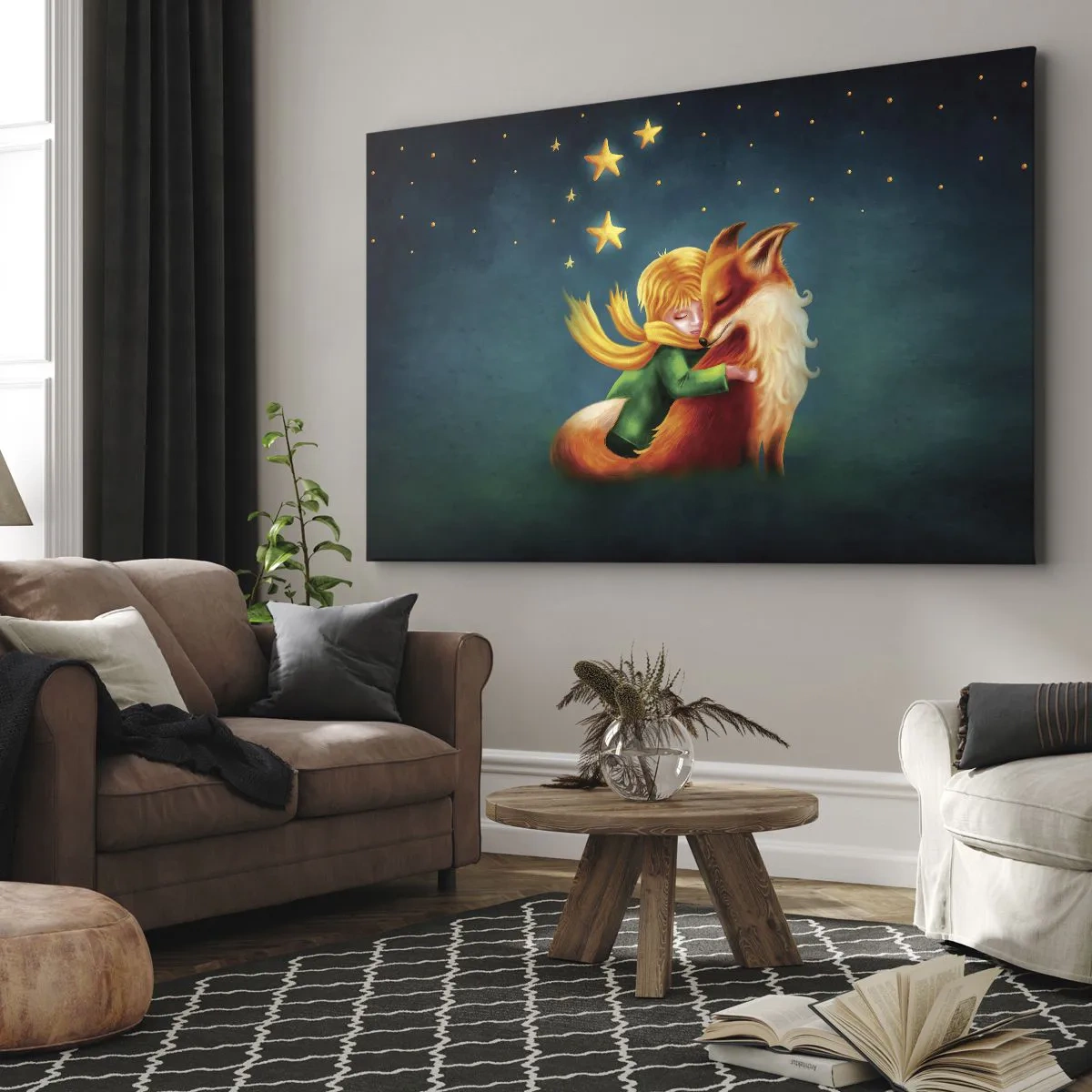 Impression sur toile - Image sur toile - Un garçon avec un renard dans un décor magique avec des étoiles - 100x70cm - Petit Prince - Décoration murale moderne pour le salon et la chambre ARTTOR