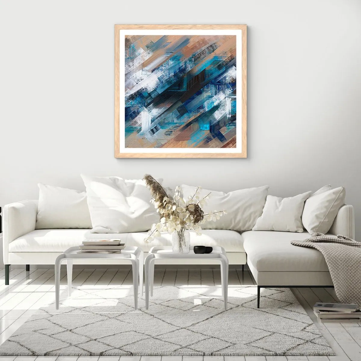 Affiche dans un chêne clair - Poster - Diagonale de bleus - 60x60 cm