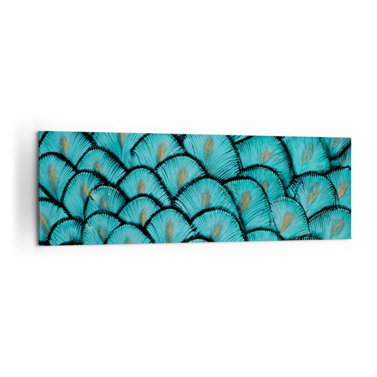 Impression sur toile - Image sur toile - Un motif ressemblant à des écailles turquoise avec des accents dorés - 160x50cm - Le grand gala des plumes - Décoration murale moderne pour le salon et la chambre ARTTOR