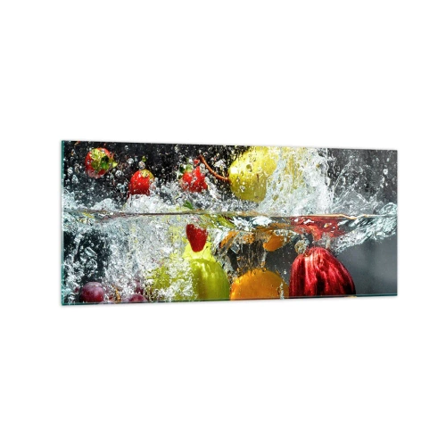 Impression sur verre - Image sur verre - Fruits colorés dans l'eau lors d'une immersion dynamique - 120x50cm - Rafraîchissement fruité - Décoration murale moderne pour le salon et la chambre ARTTOR