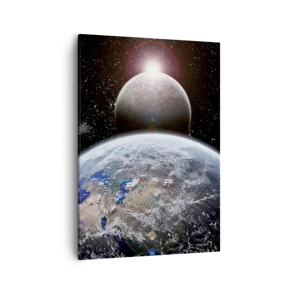 Impression sur toile - Image sur toile - La planète Terre et la Lune sur fond d'espace étoilé. - 50x70cm - Paysage cosmique - lever de soleil - Décoration murale moderne pour le salon et la chambre ARTTOR