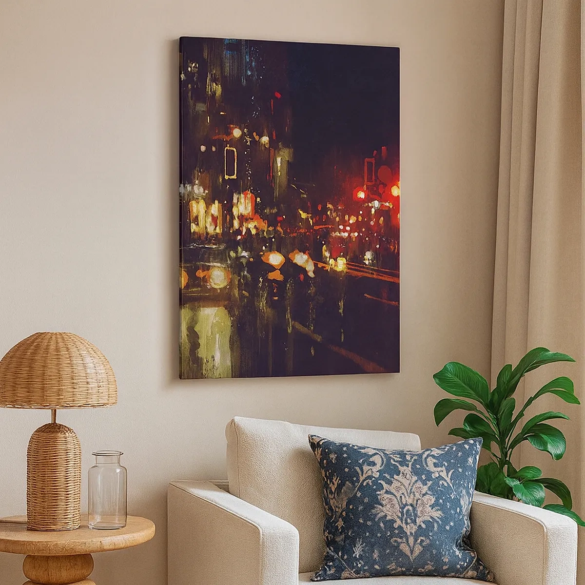 Impression sur toile - Image sur toile - Scène de ville nocturne avec des lumières colorées et des reflets dans la rue - 50x70cm - Immergé dans les lumières de la nuit - Décoration murale moderne pour le salon et la chambre ARTTOR
