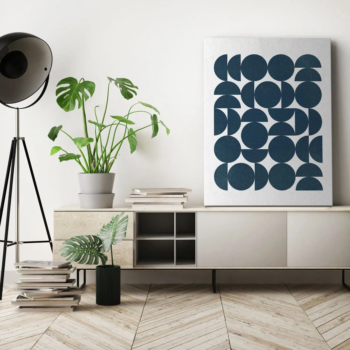Impression sur toile - Image sur toile - Formes géométriques dans des tons bleu marine sur fond blanc - 50x70cm - Cercles et demi-cercles - Décoration murale moderne pour le salon et la chambre ARTTOR