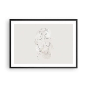 Affiche dans un cadre noir - Poster - Un croquis minimaliste d'une silhouette féminine sur un fond clair. - 70x50cm - Comme un instrument sensible - Décoration murale moderne pour le salon et la chambre ARTTOR