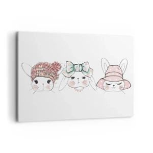 Impression sur toile - Image sur toile - Adorables lapins portant des coiffes pastel - 100x70cm - Pensif, triste, satisfait - Décoration murale moderne pour le salon et la chambre ARTTOR