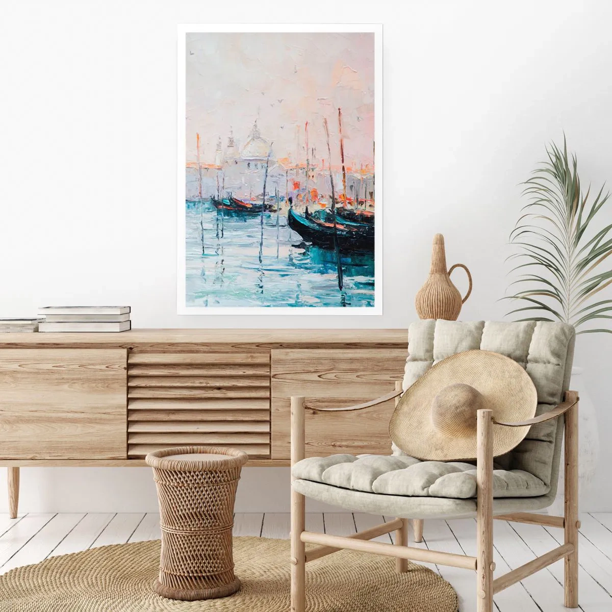 Affiche - Poster - Venise avec des gondoles dans un style pictural impressionniste - 50x70cm - Derrière l'eau, derrière le brouillard - Décoration murale moderne pour le salon et la chambre ARTTOR