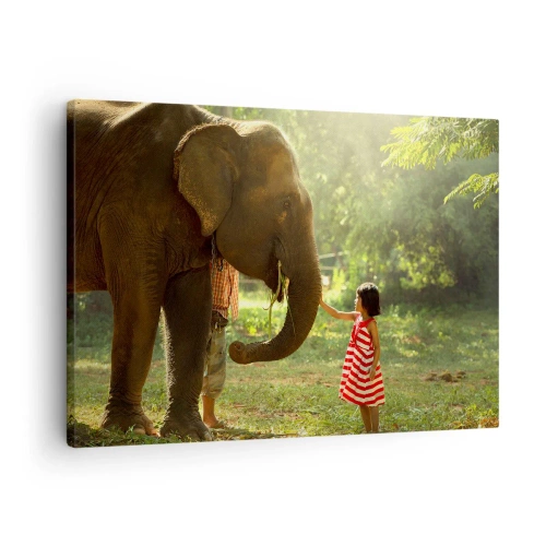 Impression sur toile - Image sur toile - Une fille en robe rouge touchant un éléphant dans la forêt. - 70x50cm - La force de l'amitié - Décoration murale moderne pour le salon et la chambre ARTTOR