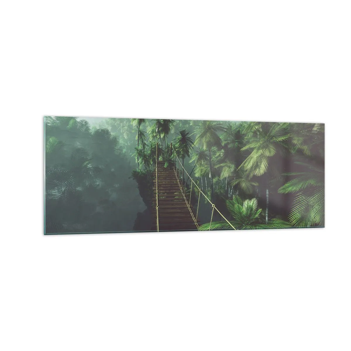 Impression sur verre - Image sur verre - Un pont suspendu dans une forêt tropicale entourée de brouillard. - 140x50cm - Au fil de la verdure - Décoration murale moderne pour le salon et la chambre ARTTOR
