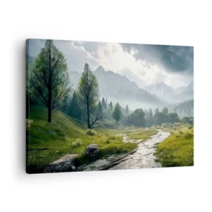 Impression sur toile - Image sur toile - Un paysage de montagne avec une rivière et des arbres entourés de montagnes brumeuses - 70x50cm - Aller et retour - Décoration murale moderne pour le salon et la chambre ARTTOR