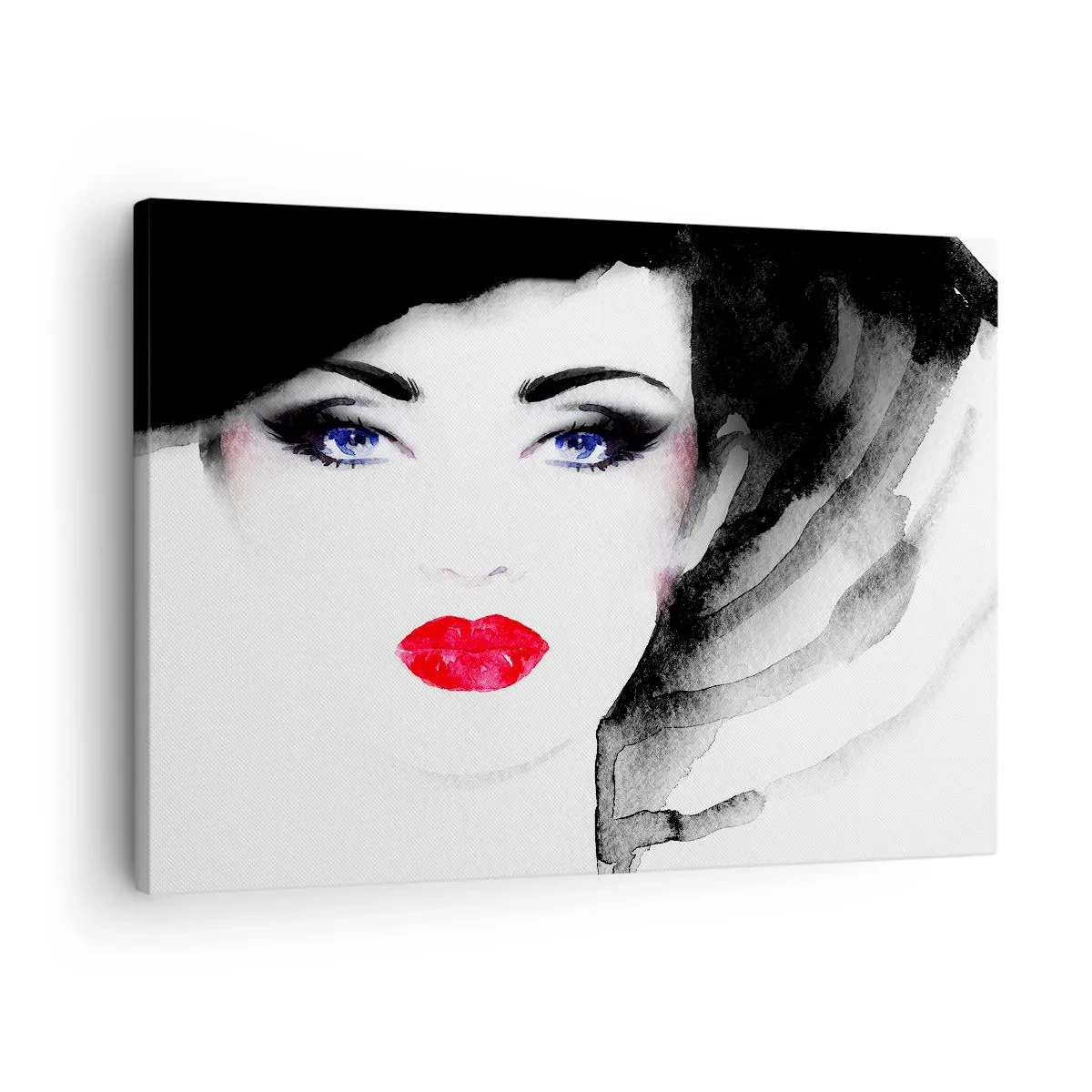 Impression sur toile - Image sur toile - Portrait d'une femme aux lèvres rouges et aux yeux bleus intenses - 70x50cm - Elle repousse et attire - Décoration murale moderne pour le salon et la chambre ARTTOR