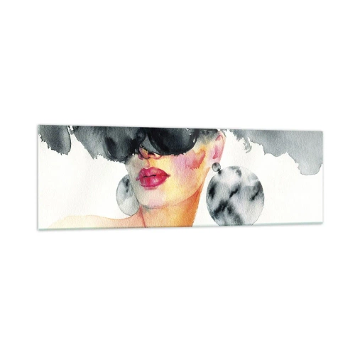 Impression sur verre - Image sur verre - Une femme portant des lunettes élégantes et de grandes boucles d'oreilles - 160x50cm - Secret de l'élégance - Décoration murale moderne pour le salon et la chambre ARTTOR