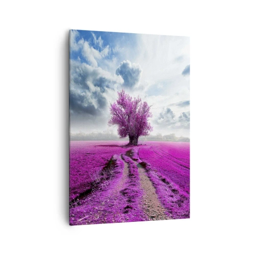 Impression sur toile - Image sur toile - Un arbre solitaire dans un champ dans une nuance de rose intense - 70x100cm - Lande - nature sauvage - Décoration murale moderne pour le salon et la chambre ARTTOR