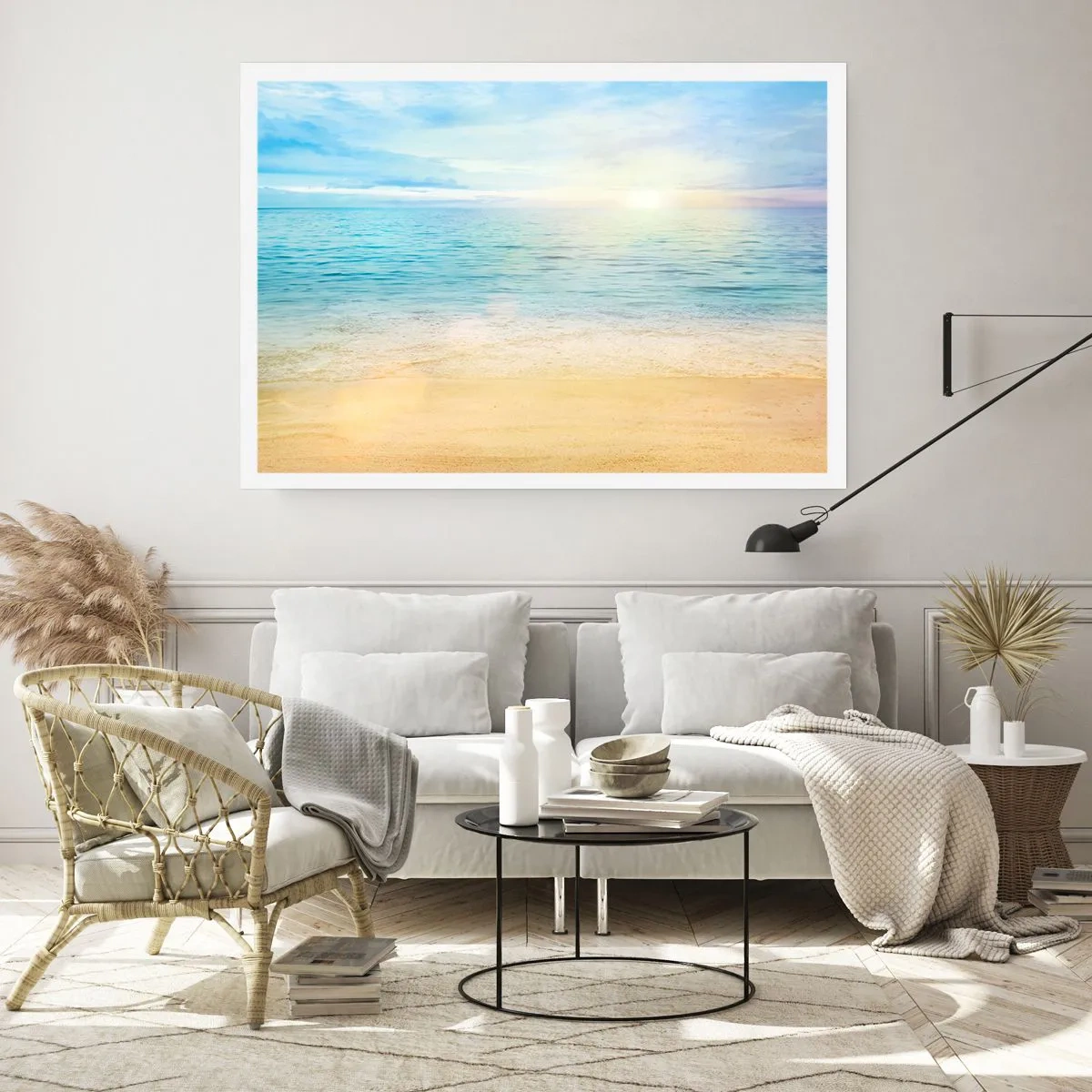 Affiche - Poster - Une plage avec une mer turquoise et un ciel clair - 100x70cm - Le grand bleu - Décoration murale moderne pour le salon et la chambre ARTTOR
