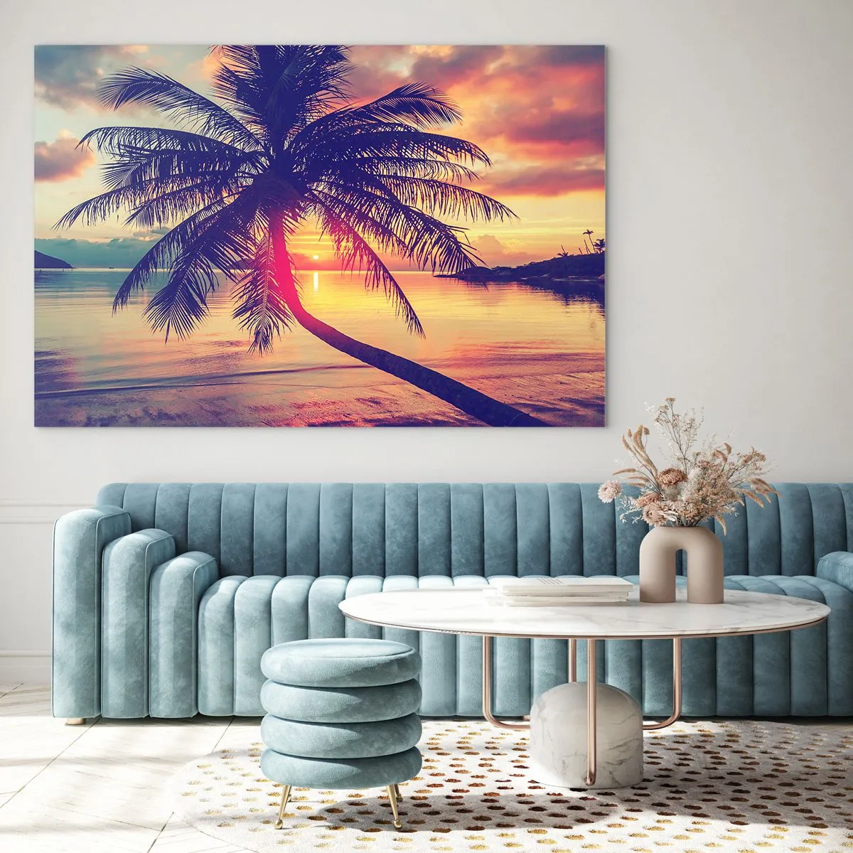 Impression sur verre - Image sur verre - Palmier au coucher du soleil sur une mer calme - 120x80cm - Soirée sous les palmiers - Décoration murale moderne pour le salon et la chambre ARTTOR