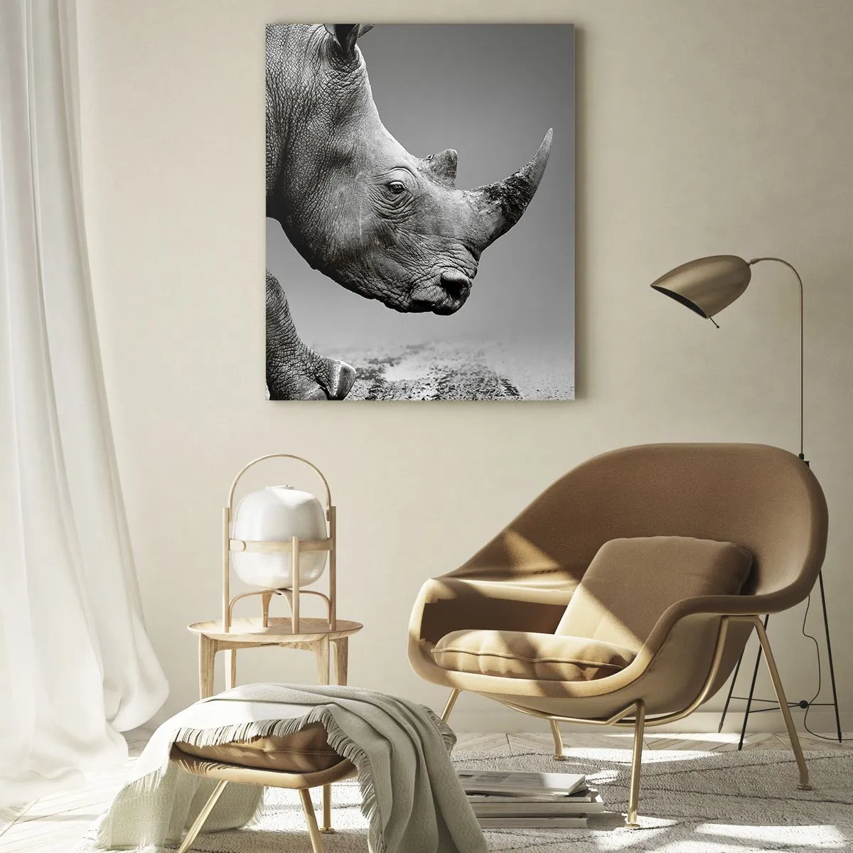 Impression sur verre - Image sur verre - Portrait d'un rhinocéros sur fond de désert gris - 70x100cm - Force inarrêtable - Décoration murale moderne pour le salon et la chambre ARTTOR