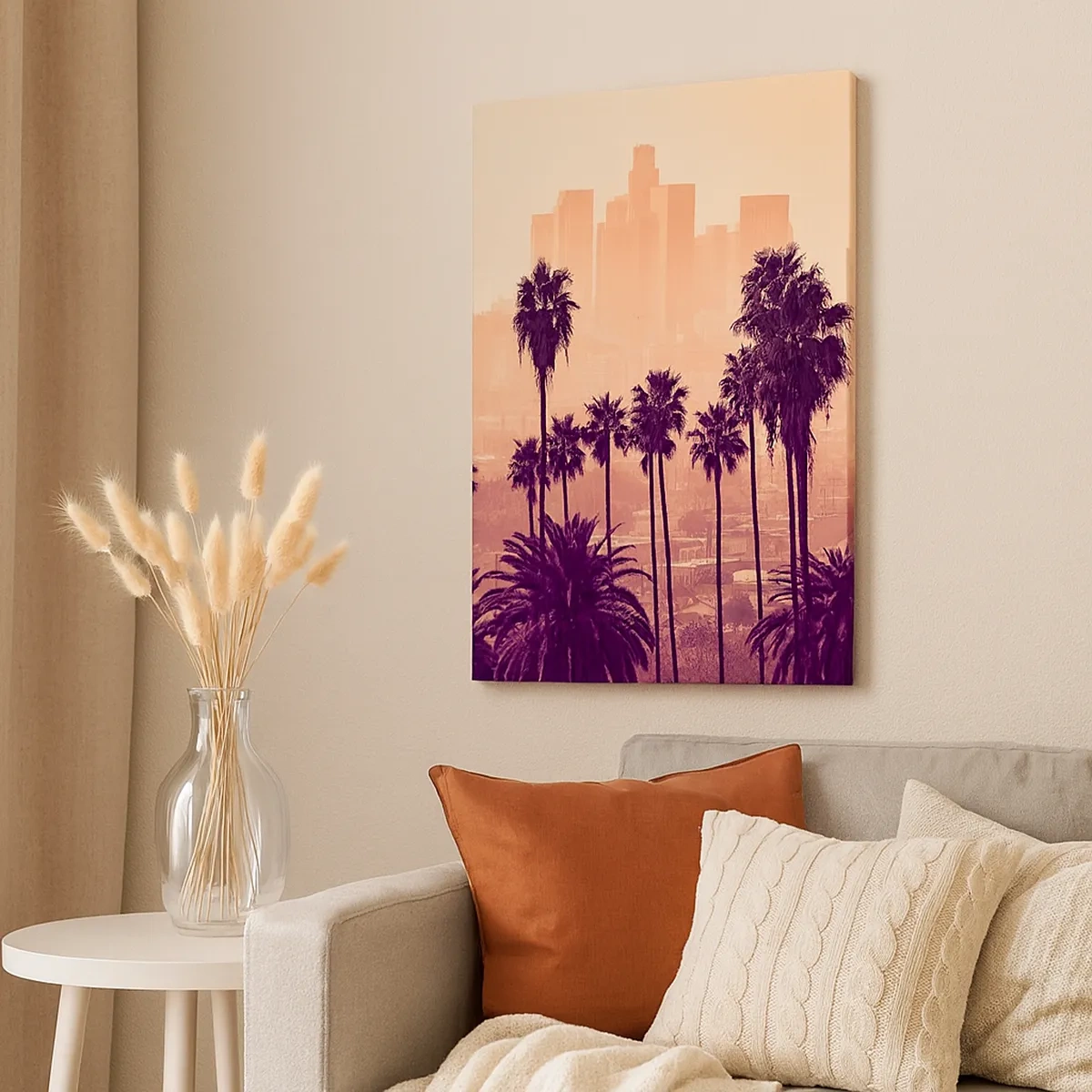 Impression sur toile - Image sur toile - Palmiers sur fond de paysage urbain aux couleurs chaudes - 50x70cm - Paysage californien - Décoration murale moderne pour le salon et la chambre ARTTOR