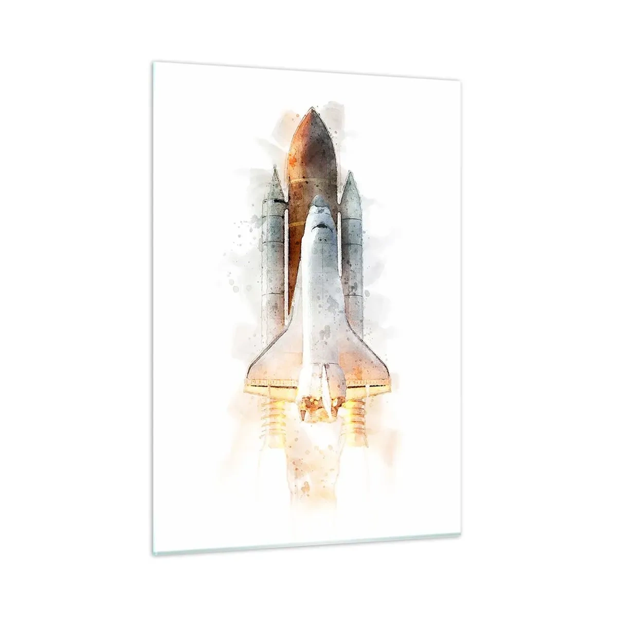 Impression sur verre - Image sur verre - Une navette spatiale décollant dans un style aquarelle sur fond blanc. - 50x70cm - Des explorateurs pour commencer - Décoration murale moderne pour le salon et la chambre ARTTOR