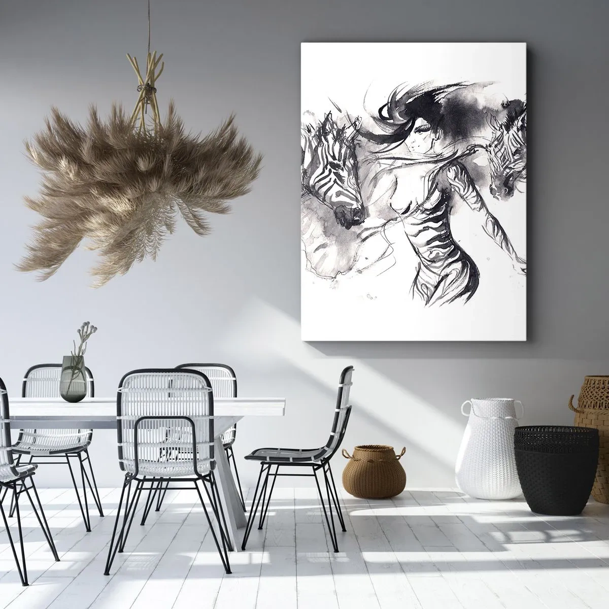 Impression sur toile - Image sur toile - Une femme dans une danse dynamique avec des zèbres dans une esthétique noir et blanc - 50x70cm - Danse avec les zèbres - Décoration murale moderne pour le salon et la chambre ARTTOR