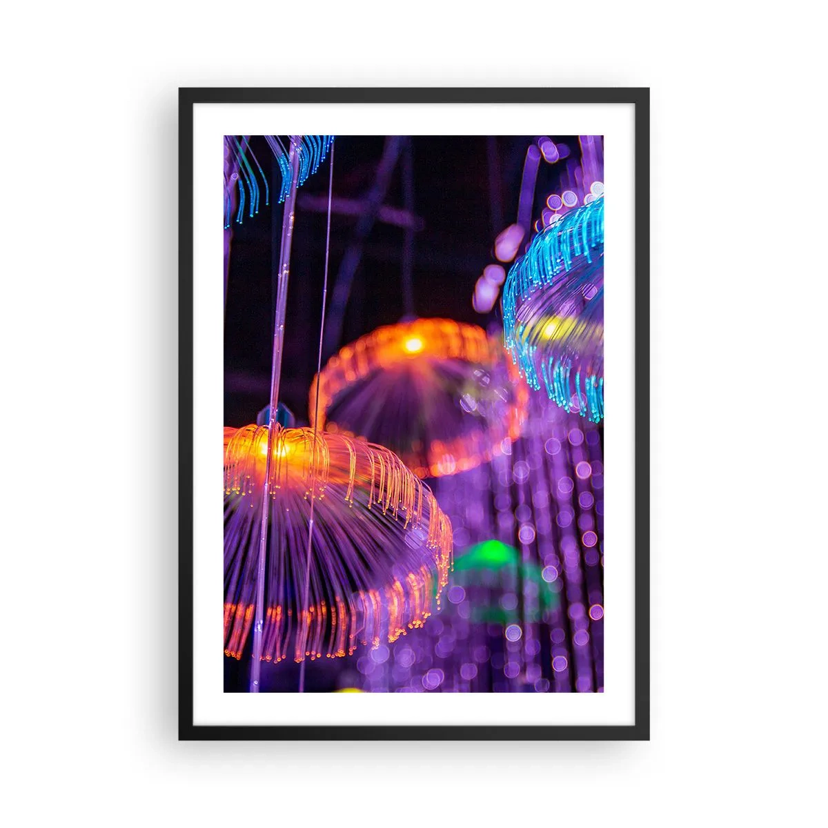 Affiche dans un cadre noir - Poster - Méduses colorées et futuristes à la lumière du néon - 50x70cm - Fontaine lumineuse - Décoration murale moderne pour le salon et la chambre ARTTOR