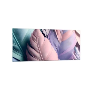 Impression sur verre - Image sur verre - Plumes colorées dans des tons pastel sur un fond clair - 120x50cm - Oiseau chic - Décoration murale moderne pour le salon et la chambre ARTTOR