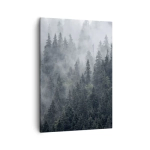Impression sur toile - Image sur toile - Forêt de conifères brumeuse aux tons gris et verts - 50x70cm - Aube de la forêt - Décoration murale moderne pour le salon et la chambre ARTTOR
