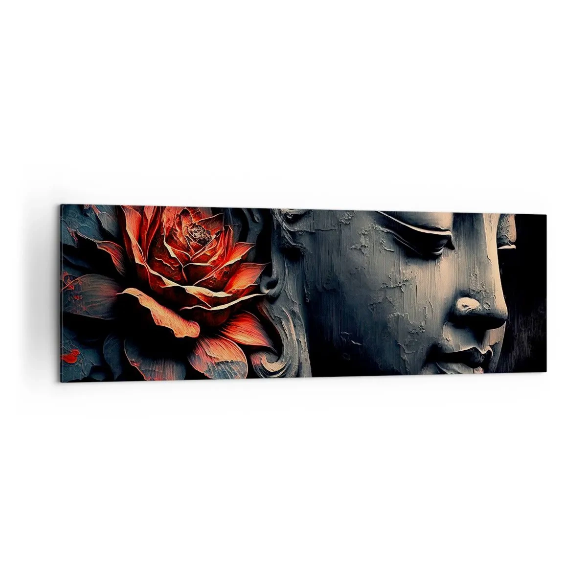 Impression sur toile - Image sur toile - Sculpture de Bouddha avec une fleur de lotus rouge - 160x50cm - En harmonie avec le monde - Décoration murale moderne pour le salon et la chambre ARTTOR