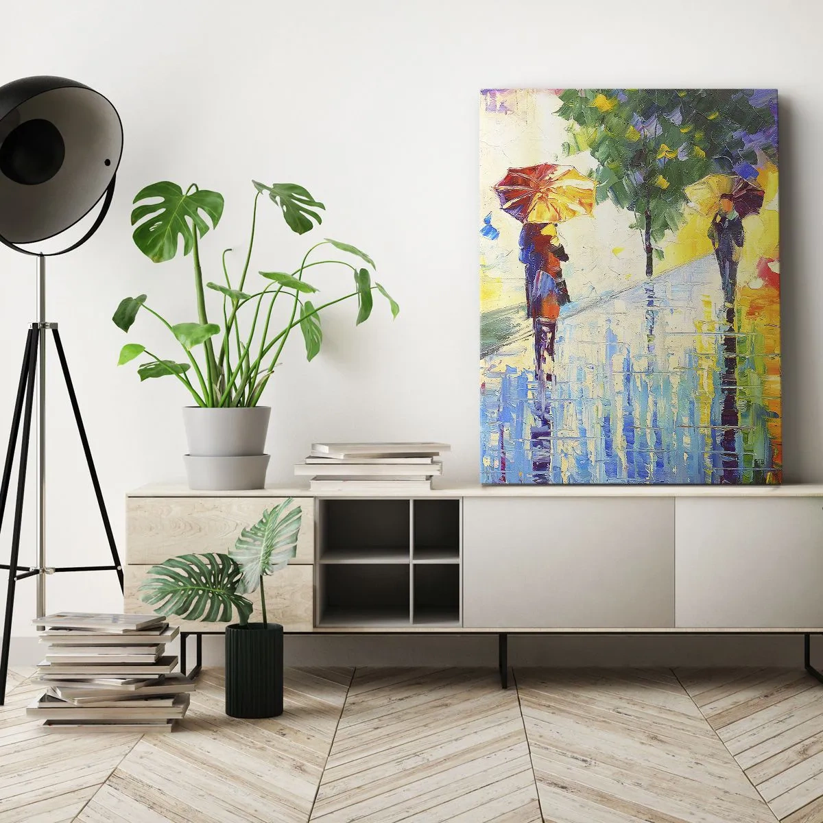 Impression sur toile - Image sur toile - Une promenade avec un parapluie dans un paysage pluvieux coloré - 50x70cm - Et tout est clair - Décoration murale moderne pour le salon et la chambre ARTTOR