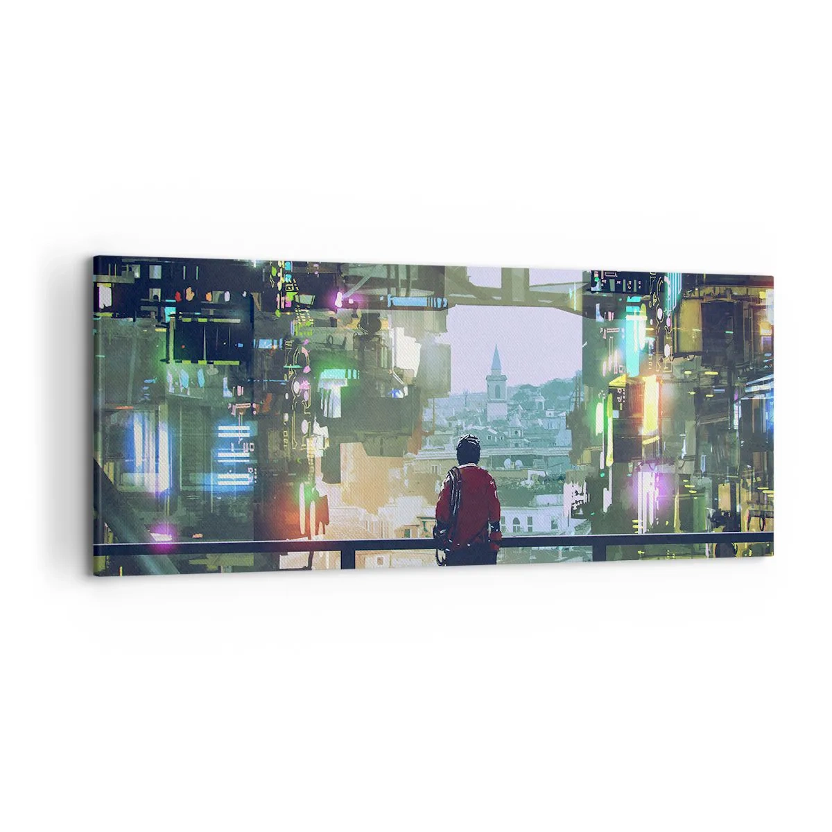 Impression sur toile - Image sur toile - Une silhouette dans une ville futuriste avec des néons - 120x50cm - Deux mondes - Décoration murale moderne pour le salon et la chambre ARTTOR