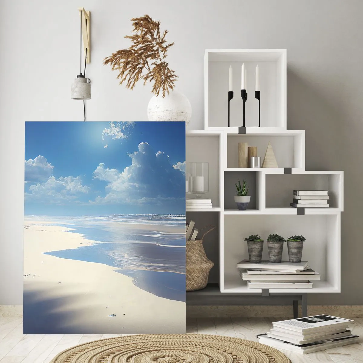Impression sur verre - Image sur verre - Une large plage de sable et des vagues calmes sous un ciel bleu - 50x70cm - Des vacances paradisiaques - Décoration murale moderne pour le salon et la chambre ARTTOR