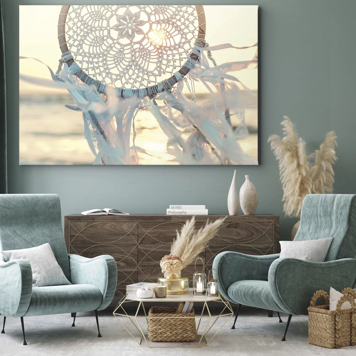 Impression sur toile - Image sur toile - Un attrape-rêves délicat sur fond de soleil couchant - 70x50cm - Totem en dentelle - Décoration murale moderne pour le salon et la chambre ARTTOR