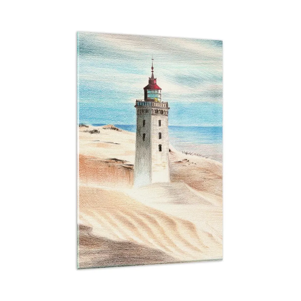 Impression sur verre - Image sur verre - Un phare entouré de dunes de sable et d'un ciel bleu - 80x120cm - Toujours regarder la mer - Décoration murale moderne pour le salon et la chambre ARTTOR