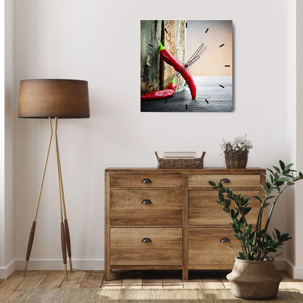 Horloge murale - Pendule murale - Deux piments rouges sur un fond en bois avec un accent rustique - 30x30cm - Red hot chili peppers - Décoration murale moderne pour le salon et la chambre ARTTOR