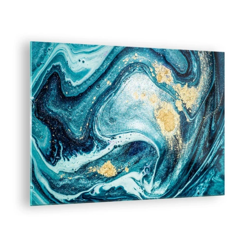 Impression sur verre - Image sur verre - Tourbillons abstraits dans des tons turquoise et or - 70x50cm - Vortex bleu - Décoration murale moderne pour le salon et la chambre ARTTOR