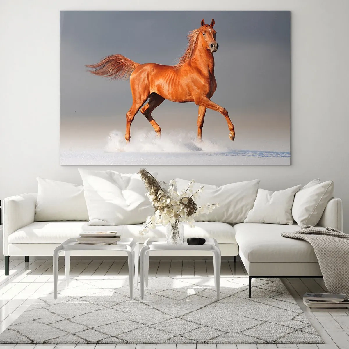 Impression sur verre - Image sur verre - Un cheval au galop contre un ciel lumineux - 100x70cm - La grâce dansante - Décoration murale moderne pour le salon et la chambre ARTTOR